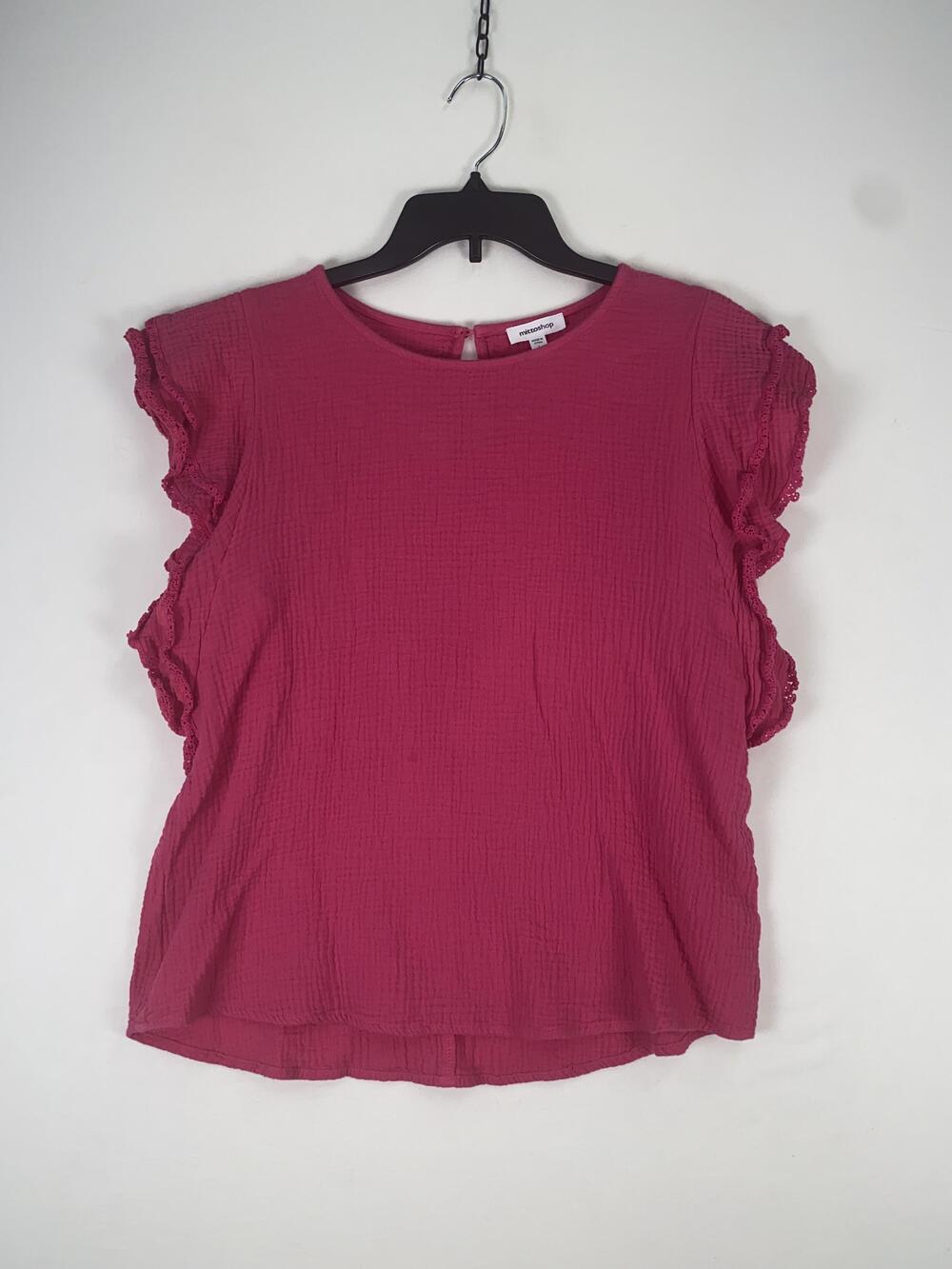 Mittoshop Blouse Womens Large Pink Ruffle Trim Textured Cotton Woven Top